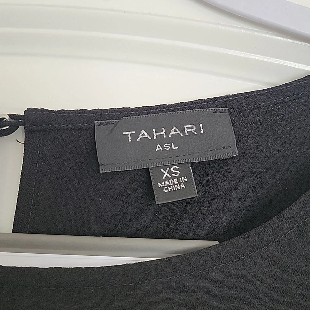 TAHARI ASL BLACK LONG SLEEVE BLOUSE TIE WAIST KEYHOLE BACK XSMALL